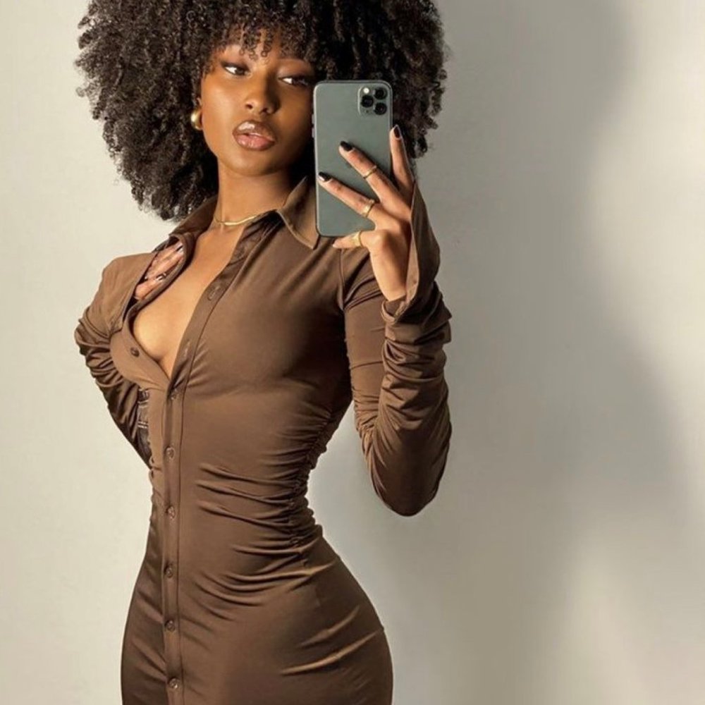 ALEXANDRA Ruched Long Sleeve Mini Dress- Chocolate (L/8)